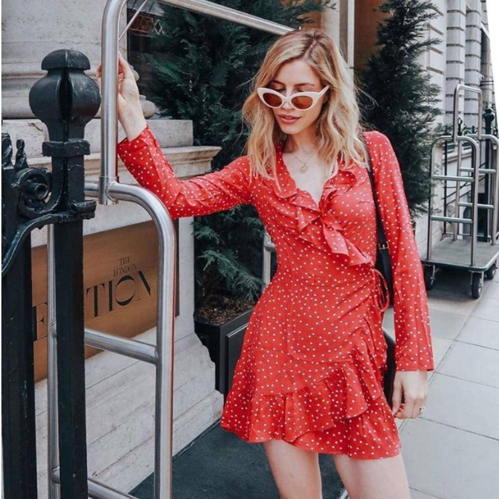 Realisation Silk Par Diane Star Print Ruffle Mini Dress Red Women's Size XS